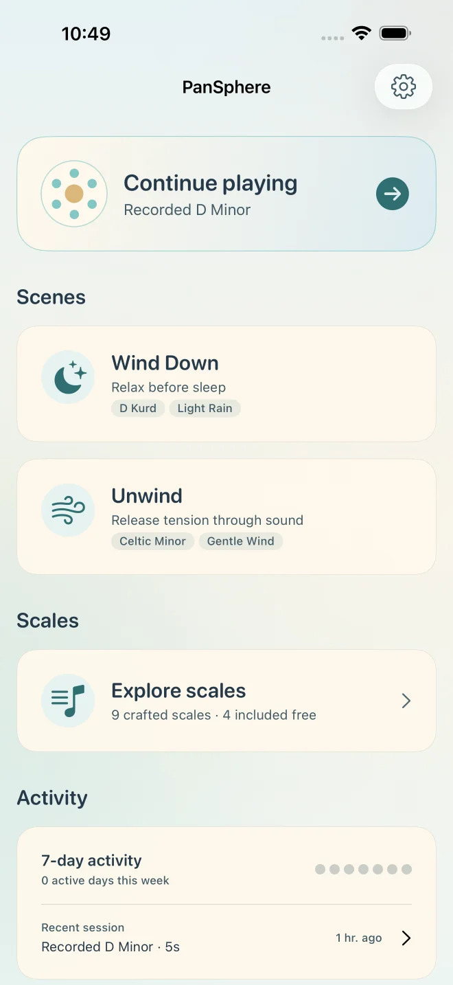 PanSphere home screen with Play Now, scenes, scales, and recent activity