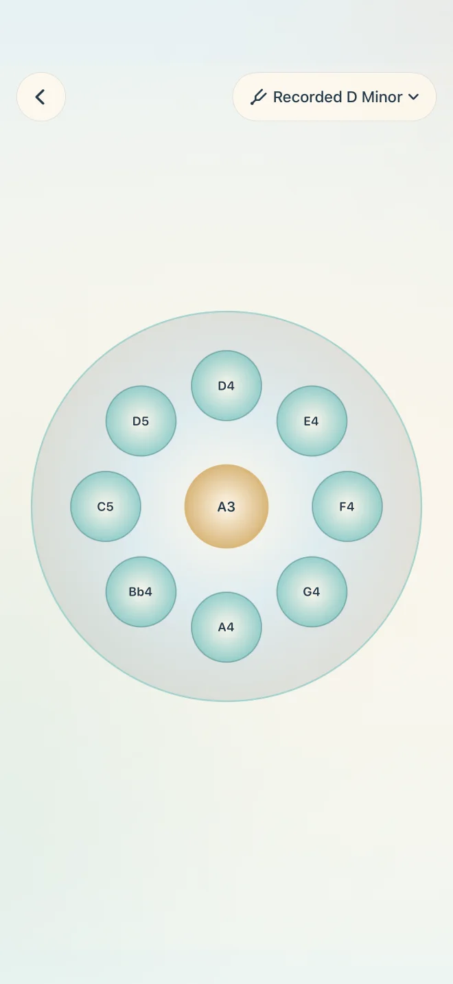 PanSphere playing screen showing one center note and eight surrounding tone fields
